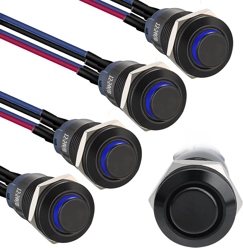 STARELO 5pcs 12mm Latching led Push Button Switch Black Shell with pre-Wiring, IP65 Waterproof Push Button Switch,1NO 1 Normally,Self-Locking with LED(Blue). - Image 1